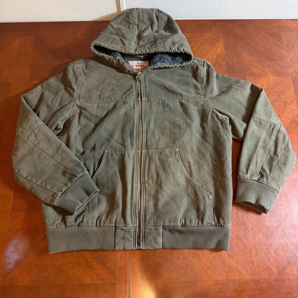 Levis Mens XL Olive Green zipper Canvas Sherpa Lined Hooded Work Jacket RN54163